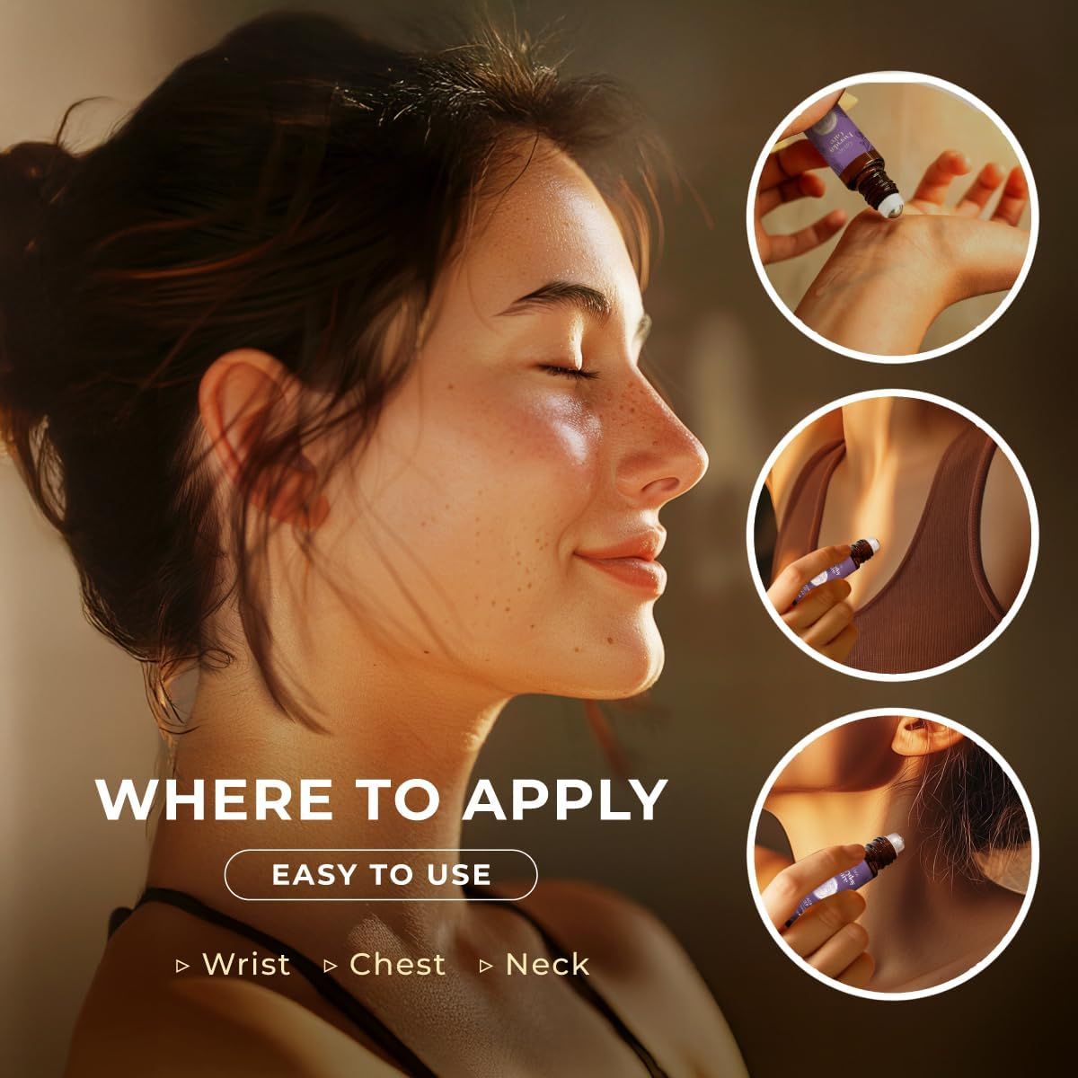 Frau mit Roll-on. Text: Wo auftragen: Handgelenk, Brust, Hals. Einfache Anwendung. Drei Kreise zeigen Anwendungspunkte. Everyday Care.