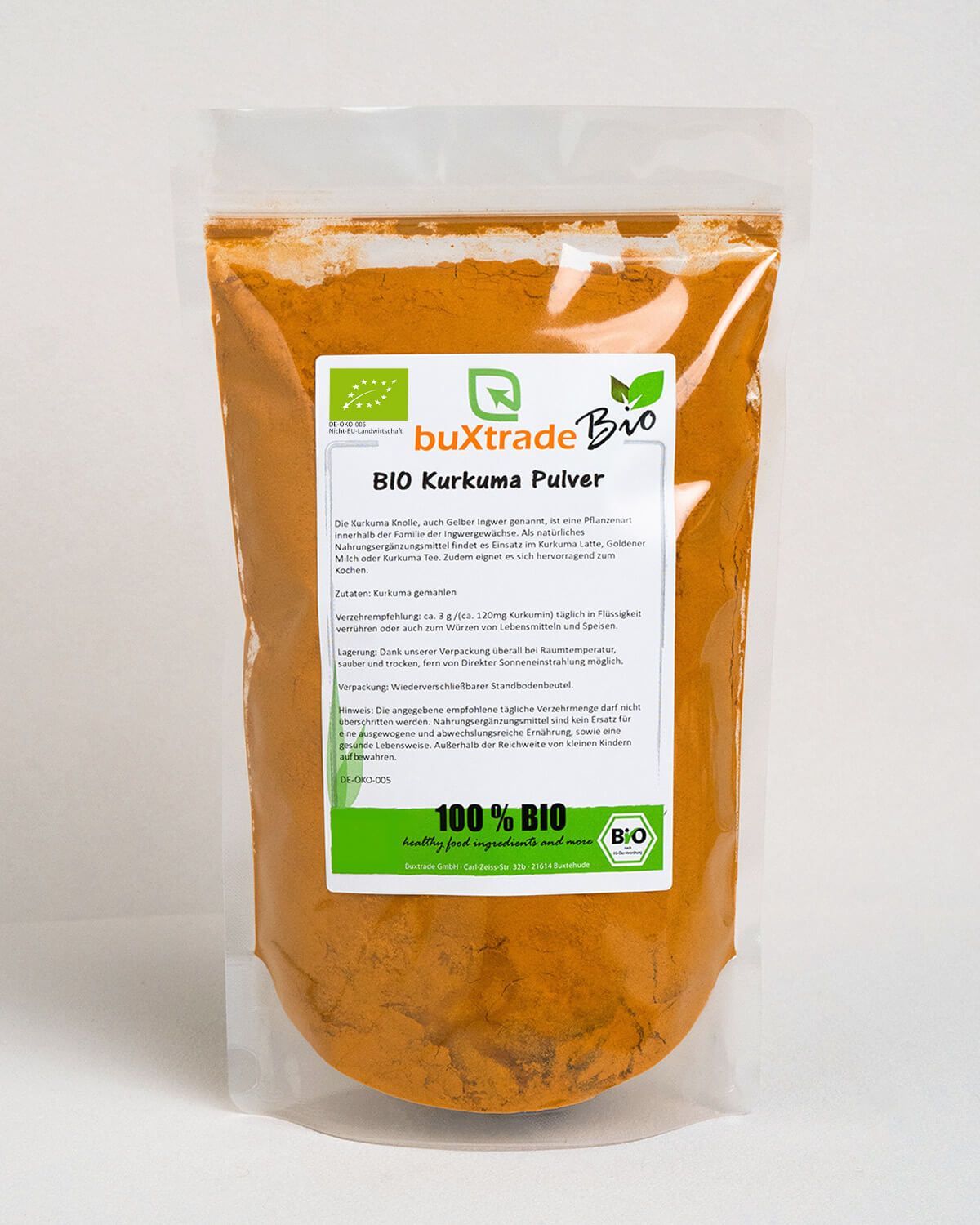 Verpackung mit BIO Kurkuma Pulver, mit Bio-Siegel und Produktinformationen.