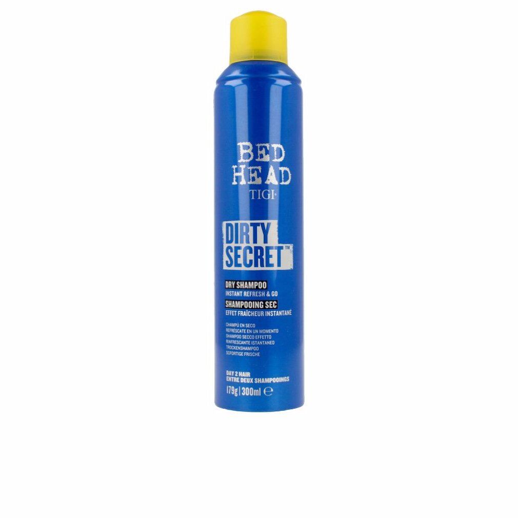 Blaue Sprühflasche mit gelbem Deckel. Aufschrift: Bed Head TIGI Dirty Secret Dry Shampoo. Text in mehreren Sprachen.