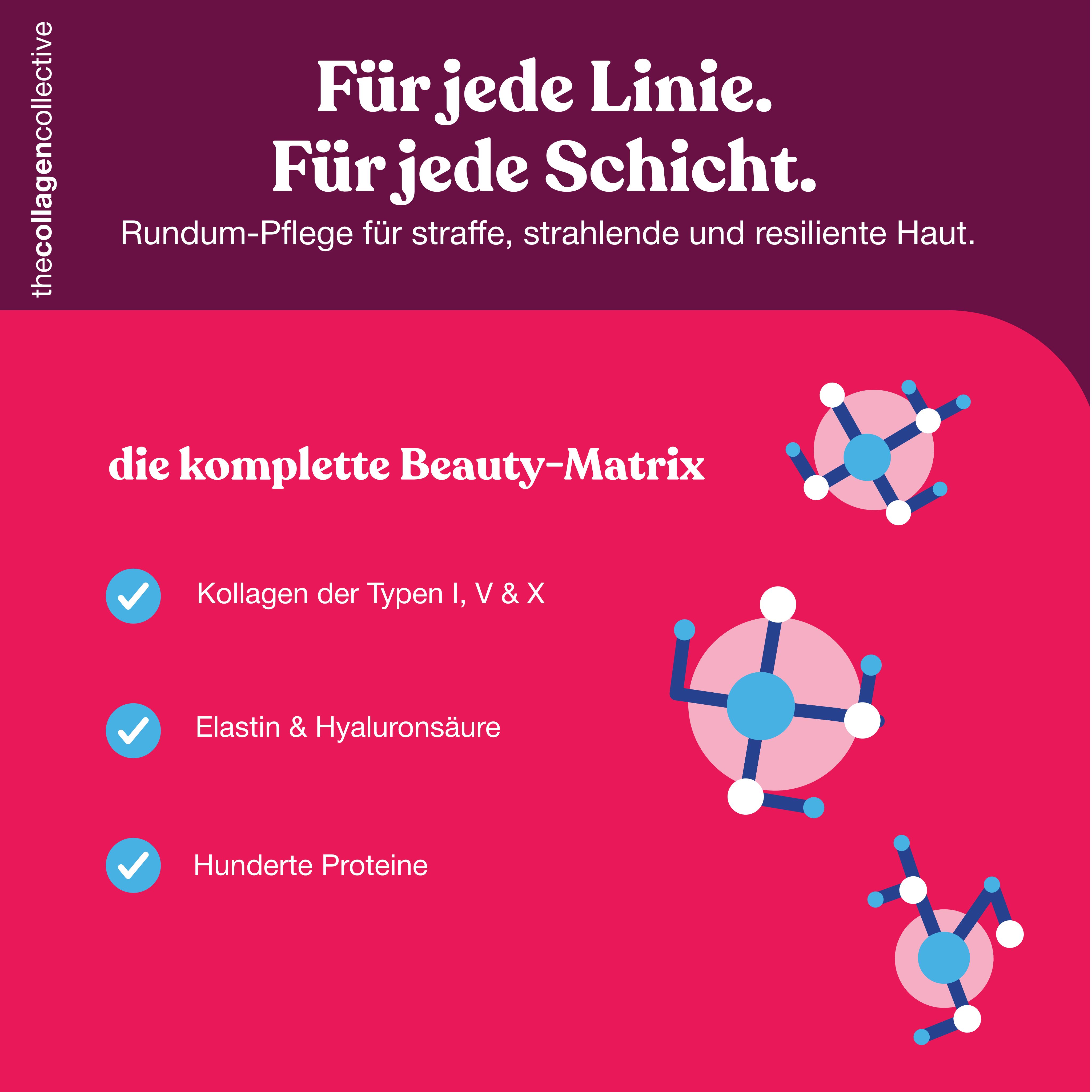 Grafik mit blauen Kreisen und Text. Text: Für jede Linie. Für jede Schicht. Rundum-Pflege für straffe, strahlende und resiliente Haut.
