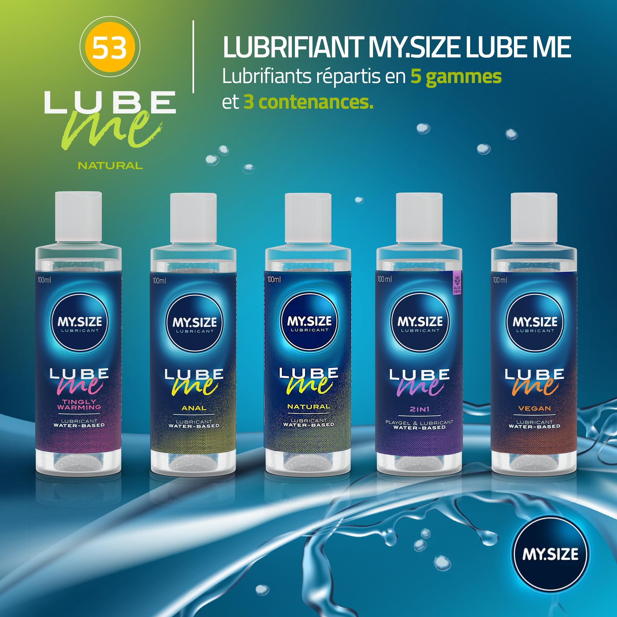 Fünf Flaschen Gleitmittel der Marke MY.SIZE LUBE ME in verschiedenen Varianten: Tingly Warming, Anal, Natural, 2in1, Vegan.