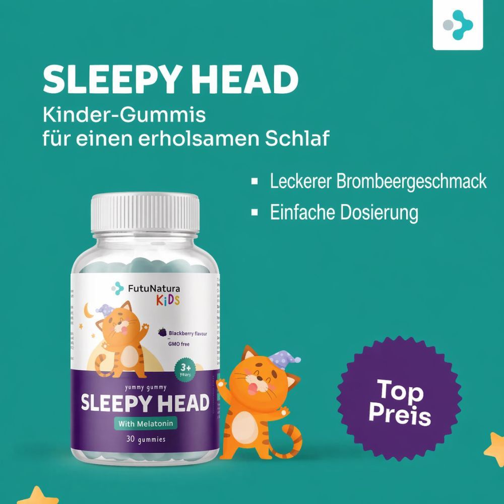 Produktflasche: SLEEPY HEAD, Melatonin. Text: Kinder-Gummis für einen erholsamen Schlaf. Sterne.