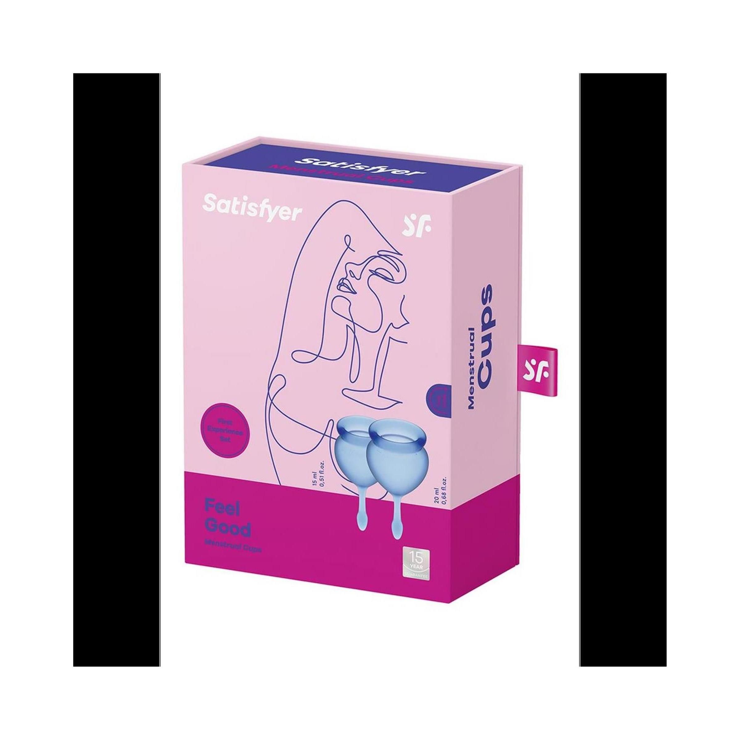 Verpackung des Menstruationsbecher-Sets. Rosa Box mit Produktname und Abbildung. Enthält zwei blaue Becher.