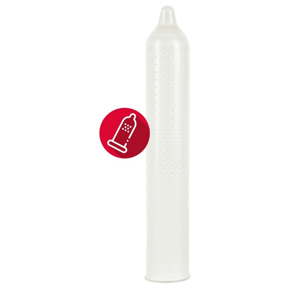 Durchsichtiges Kondom mit kleinen Noppen. Roter Kreis mit Kondom-Symbol. Das Kondom ist auf einer weißen Oberfläche abgebildet.