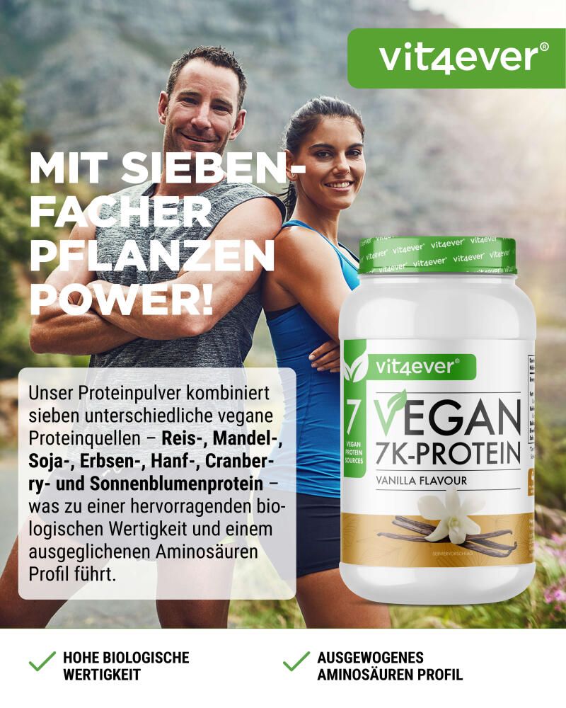 Werbebild. Mann und Frau stehen Rücken an Rücken. Behälter mit grünem Deckel. Aufschrift: 7 Vegan 7K-Protein, Vanille-Geschmack. Text: Mit siebenfacher Pflanzen Power!
