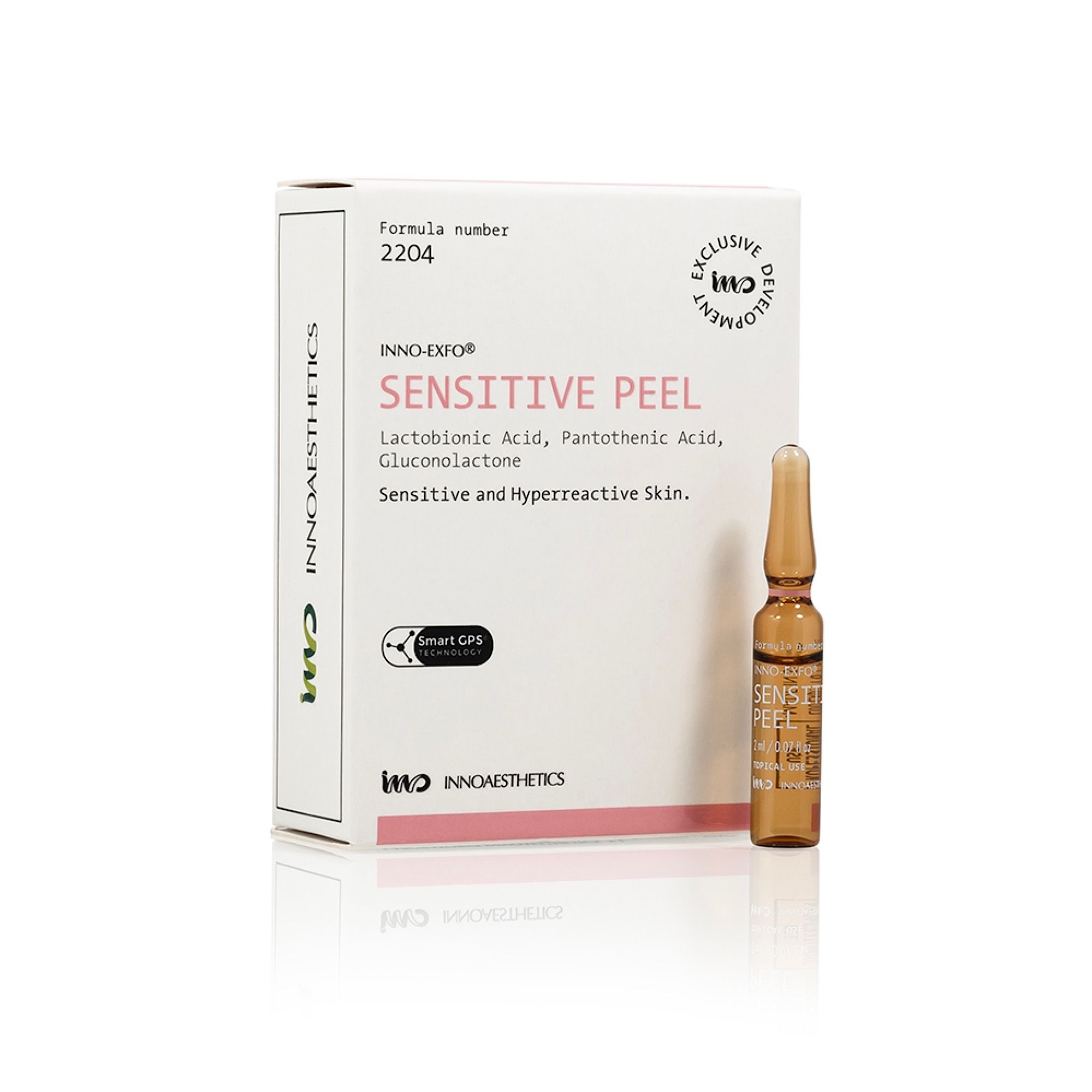 Weiße Verpackung mit Produktnamen SENSITIVE PEEL und einer Ampulle. Aufschrift: INNO-EXFO, Lactobionsäure, Pantothensäure, Gluconolacton.