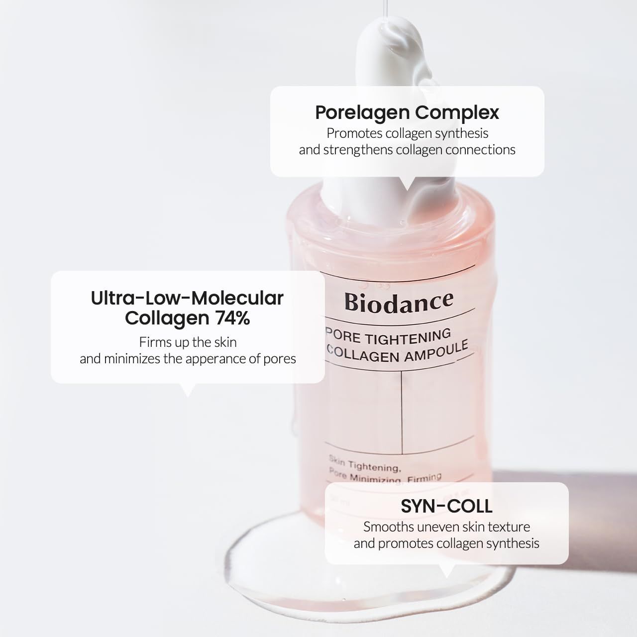 Rosa Flasche mit weißem Deckel. Aufschrift: Biodance PORE TIGHTENING COLLAGEN AMPOULE. Text-Labels.