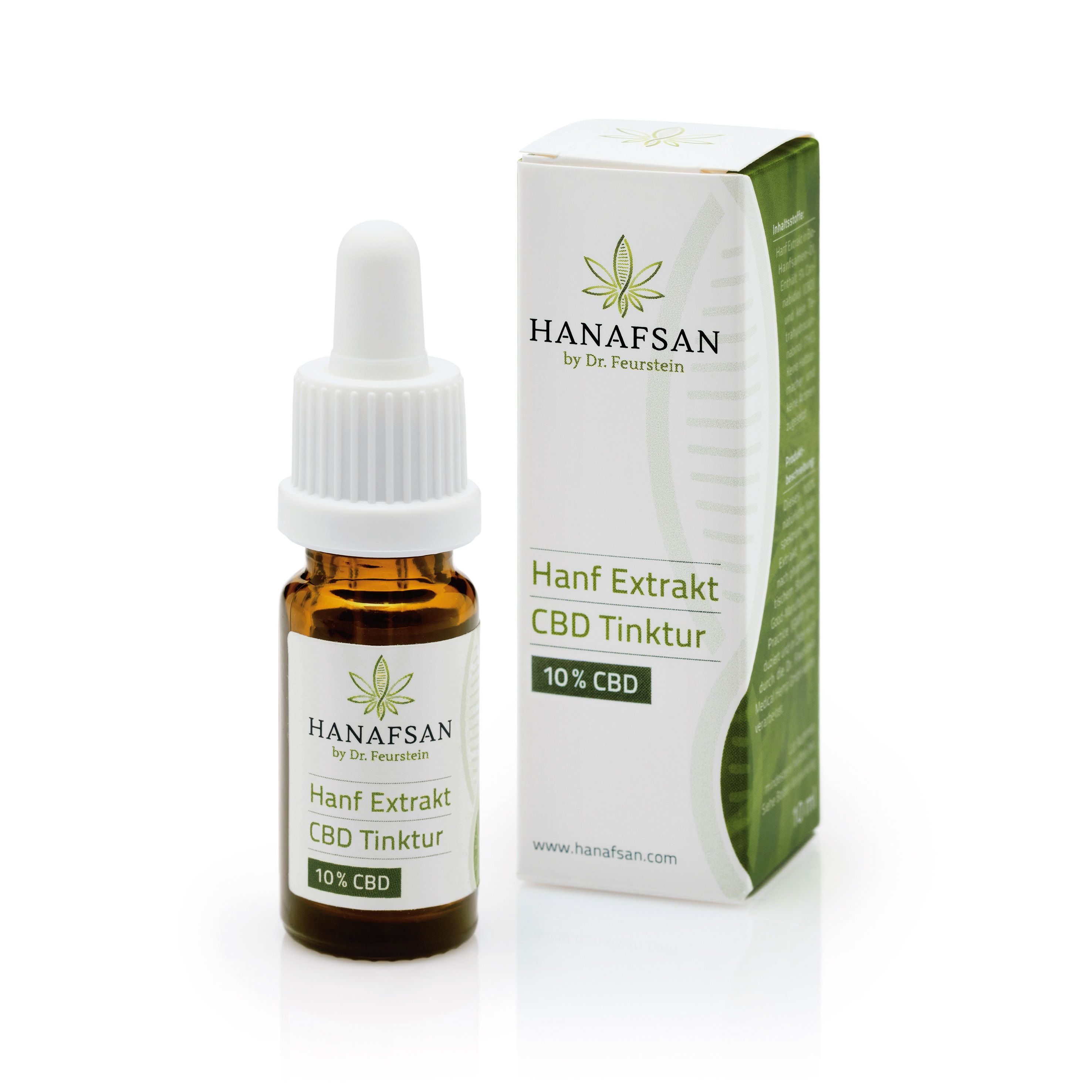Braune Glasflasche mit weißem Verschluss und Karton. Aufschrift: HANAFSAN Hanf Extrakt CBD Tinktur 10% CBD.