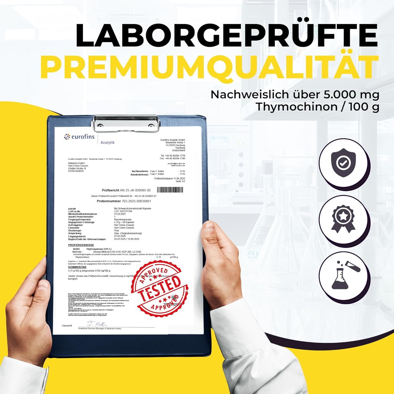 Hände halten Laborbericht. Text: Laborgeprüfte Premiumqualität. Siegel: Approved, Tested.