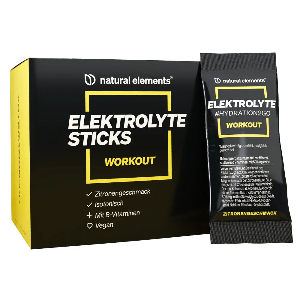 Schwarze Verpackung mit gelben Akzenten. Aufschrift: Elektrolyte Sticks Workout. Einzelne Stick-Verpackung mit Produktinformationen und Zitronengeschmack.