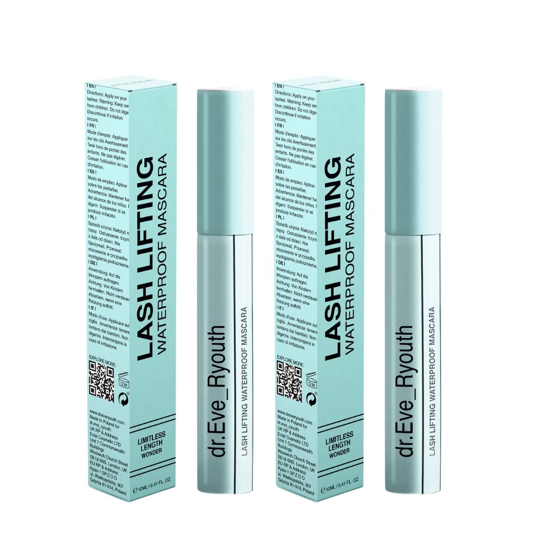 Zwei Packungen "Lash Lifting Waterproof Mascara" von dr.Eve_Ryouth, jeweils mit einer Mascara und einer Box.
