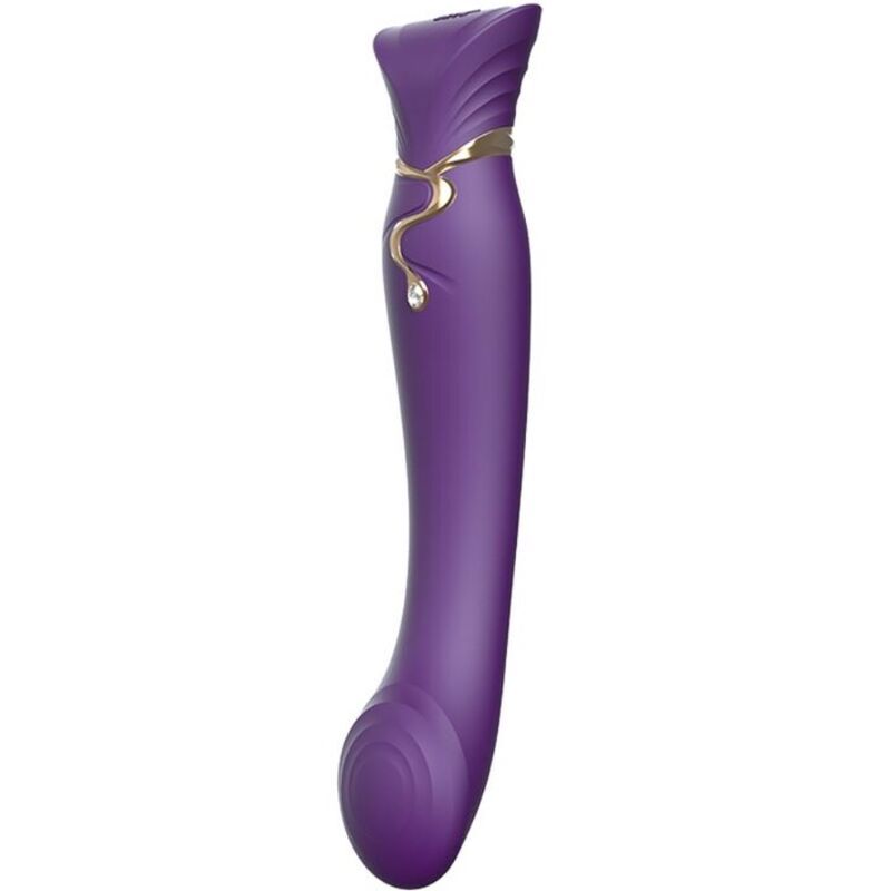 Lila Vibrator mit geschwungener Form, goldfarbenem Detail und Kristall. Runde Basis, wellenförmiger Kopf.