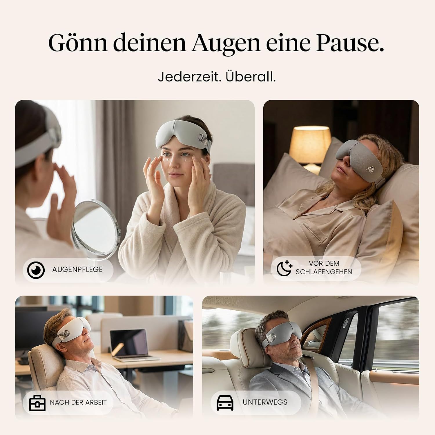 Graue Augenmaske mit Heizfunktion und Luftdruckmassage, auf einem Mann mit geschlossenen Augen liegend.