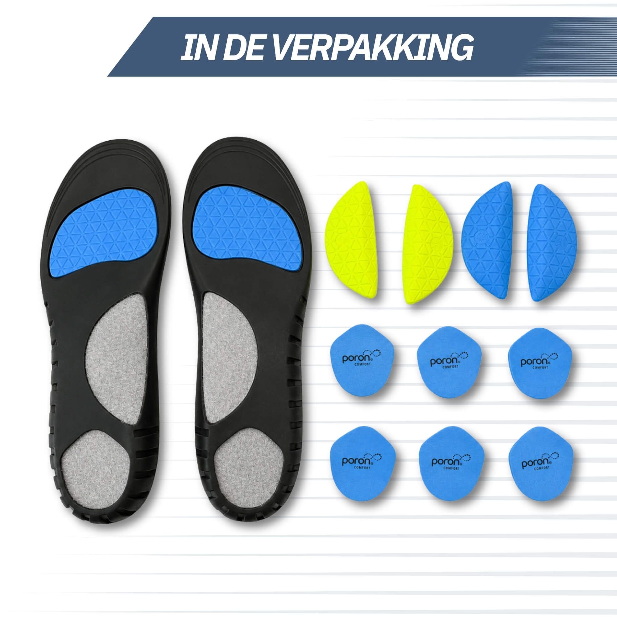 Ein Paar orthopädische Einlegesohlen, eine oben, eine unten, mit blauen und grauen Polstern.