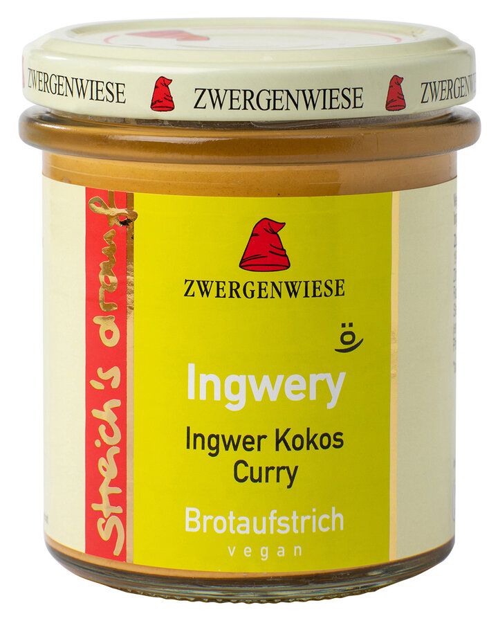 Glas mit gelbem Etikett. Aufschrift: Ingwery, Ingwer Kokos Curry, Brotaufstrich, vegan. Deckel mit Logo und Schriftzug Zwergenwiese.