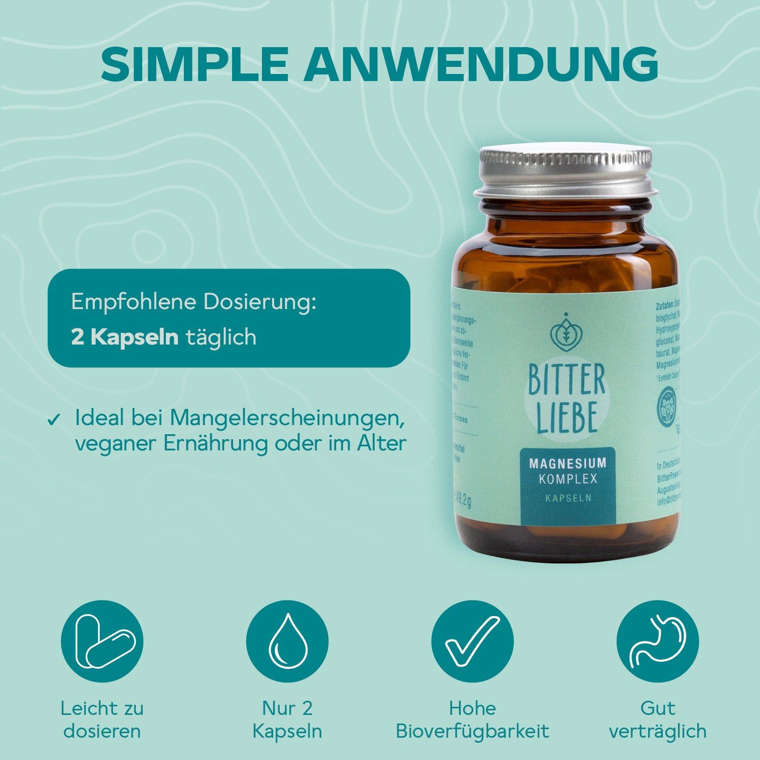 Braune Glasflasche mit Kapseln. Etikett BitterLiebe, Magnesium Komplex Kapseln. Text: Simple Anwendung. Symbole.