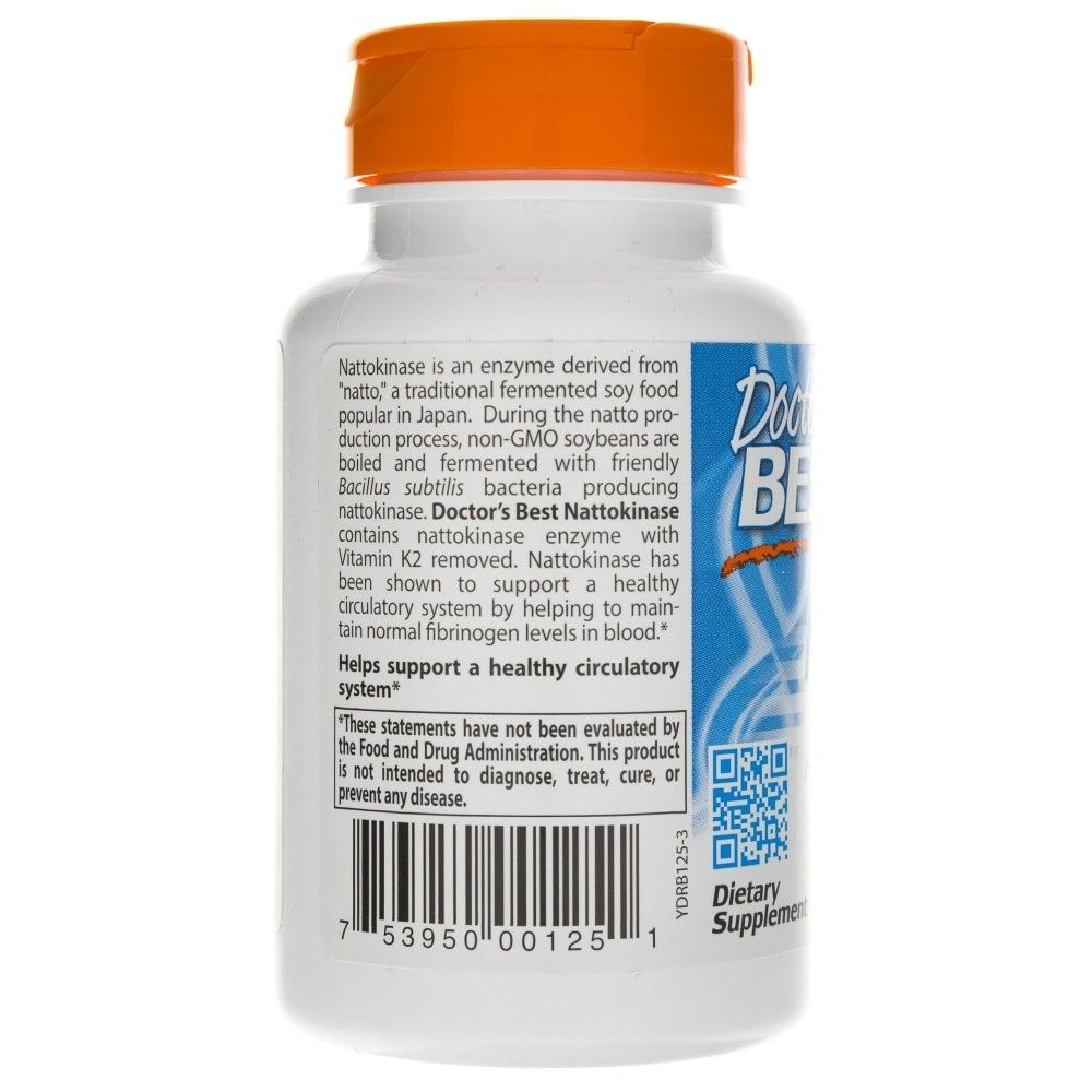 Rückseite des Doctor's Best Nattokinase 2.000 FU Behälters mit Produktbeschreibung und Barcode.