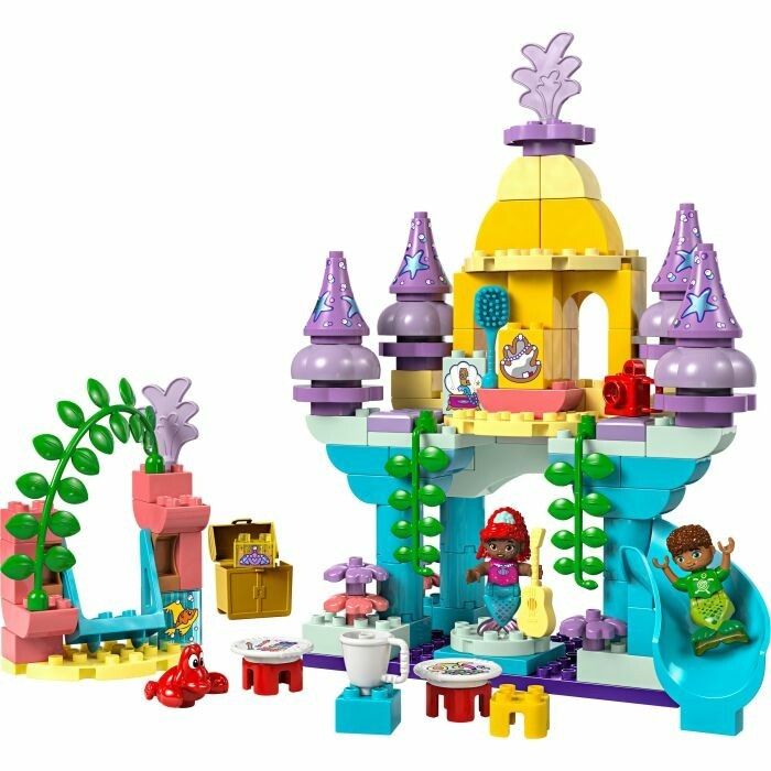 LEGO Duplo Set. Ariel's Magical Underwater Palace. Burg, Rutsche, Figuren und Zubehör. Farben: Gelb, Blau, Lila, Rosa und Grün.
