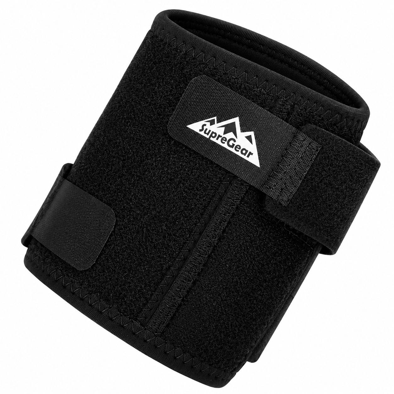 Details einer atmungsaktiven Ellenbogenbandage: 3D-Strick, Klettverschluss, ergonomisches Design, hoch-elastisches Material.