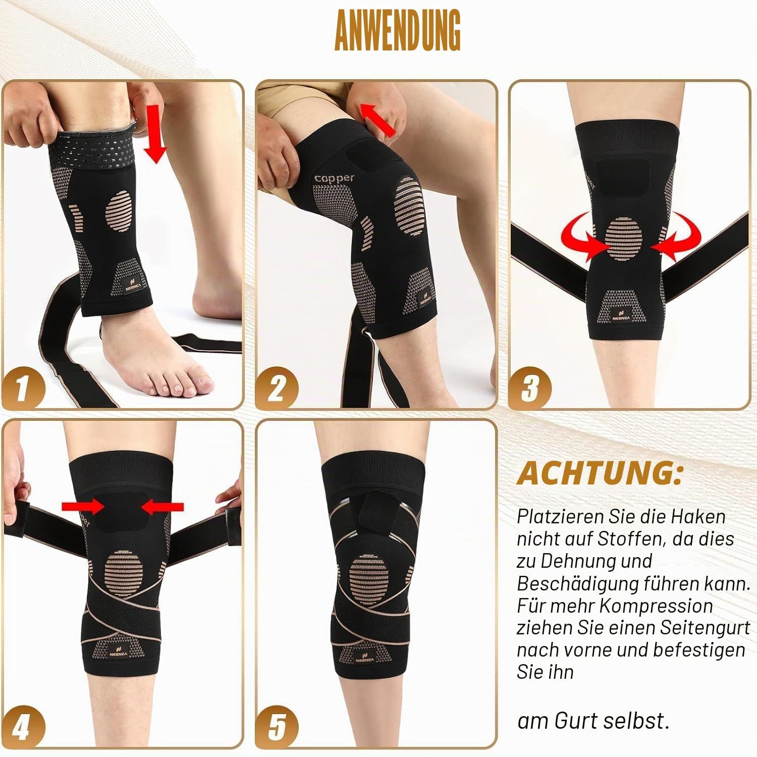 Anleitung zur Anwendung einer Kniebandage mit Klettverschlüssen.
