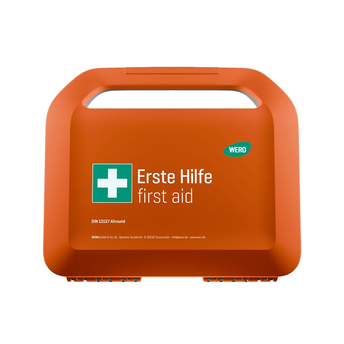 Orange Erste-Hilfe-Koffer mit Griff und weißem Kreuz. Schriftzug: Erste Hilfe, first aid. Marke WERO.