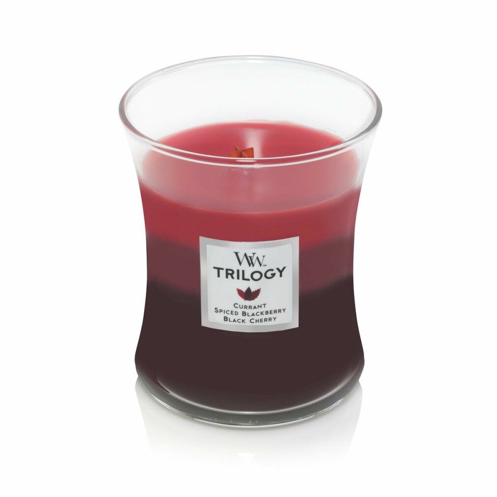 Dreifarbige Duftkerze im Glas. Etikett mit "WW Trilogy", "Currant Spiced Blackberry Black Cherry". Holzdocht sichtbar.