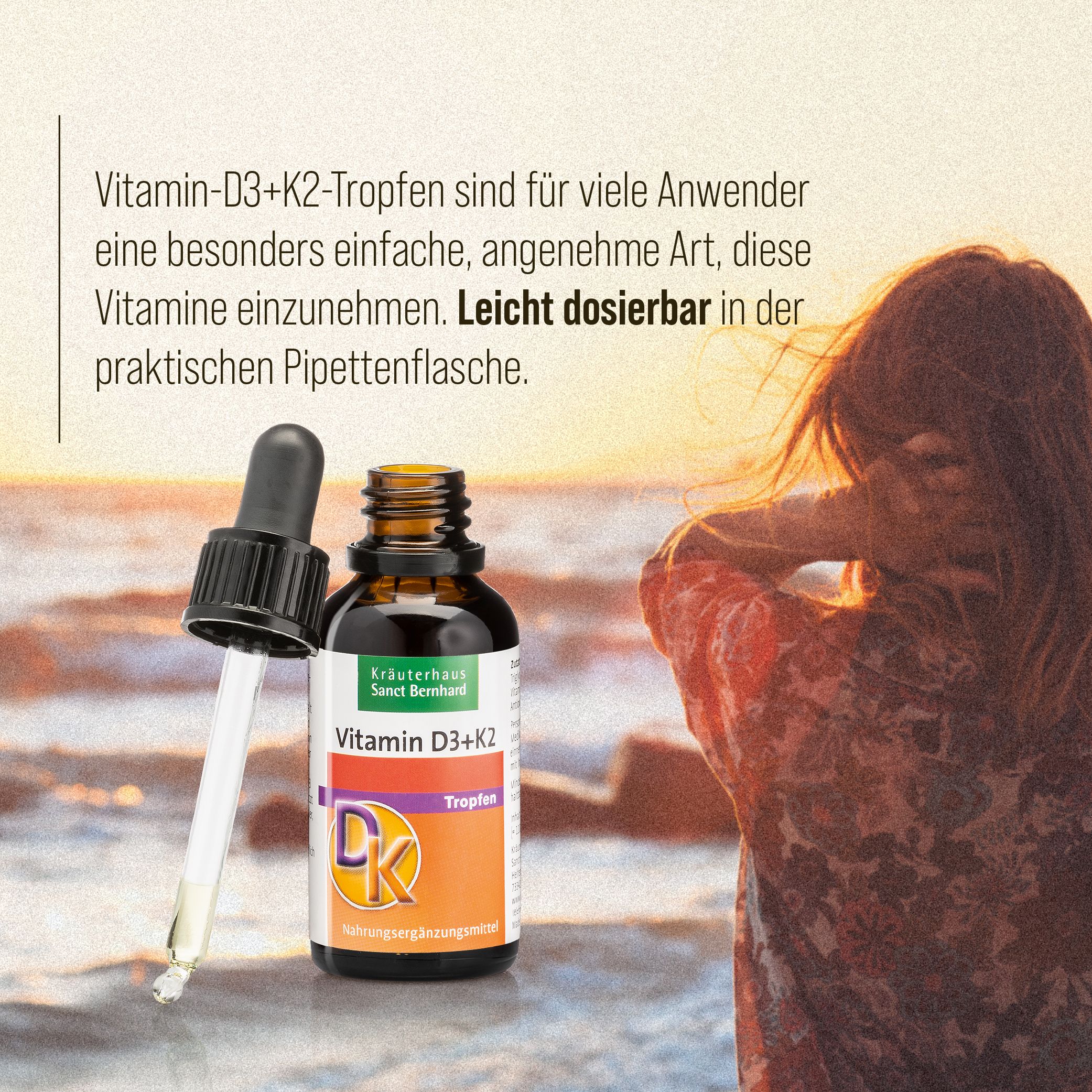 Produkt: Vitamin-D3+K2-Tropfen. Flasche mit Pipette. Text: Leicht dosierbar in der praktischen Pipettenflasche. Marke: Kräuterhaus Sanct Bernhard.