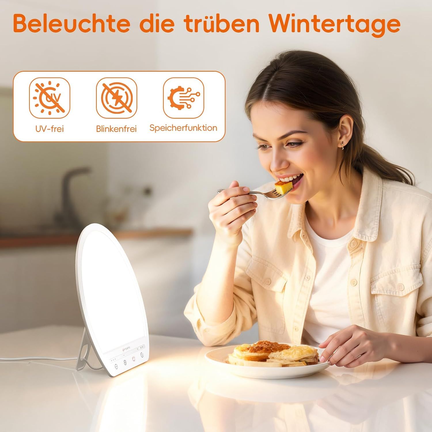 Lichtwecker: 24cm hoch, 19cm breit, 1,8cm tief. 180cm Kabellänge, 490g Gewicht.