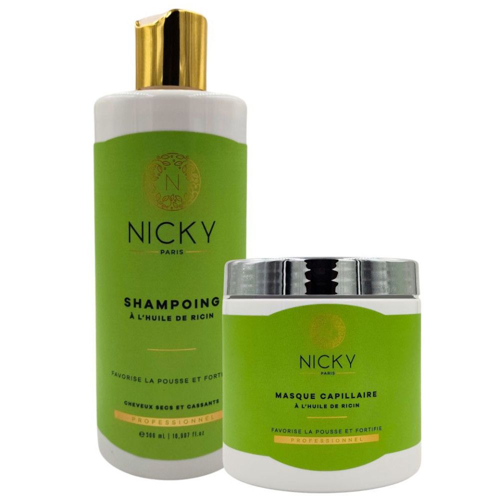 Shampoo- und Masken-Set. Grüne Flaschen und Tiegel mit goldfarbenen Deckeln. Aufschrift: Nicky Paris, Shampoo, Maske.