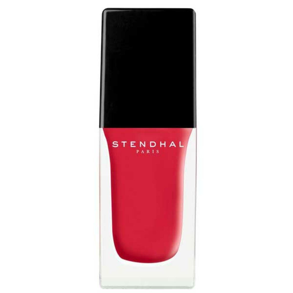 Nagellackflasche mit roter Farbe und schwarzem Deckel. Stendhal Paris Logo.