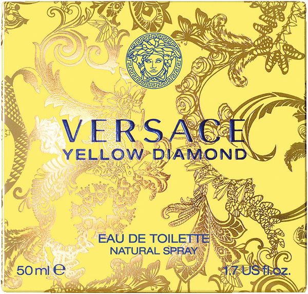 Versace Yellow Diamond Eau de Toilette. Gelbe quadratische Flasche mit gelbem Deckel. Schriftzug Versace. Weißer Hintergrund.