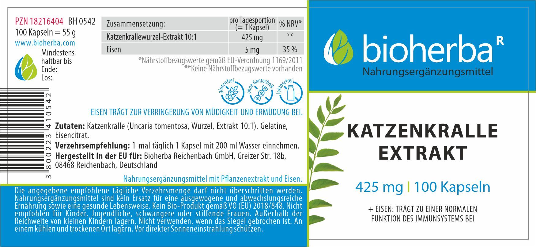 Etikett mit "bioherba" Logo und "Katzenkralle Extrakt". Enthält 100 Kapseln. Text mit Inhaltsstoffen und Verzehrempfehlung.