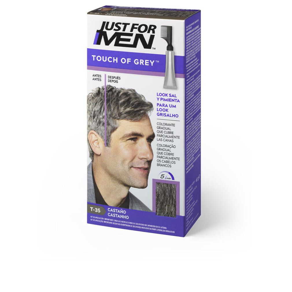 Schachtel mit Produkt "TOUCH OF GREY" von JUST FOR MEN. Abbildung eines Mannes mit grauem Haar. Enthält Applikator.