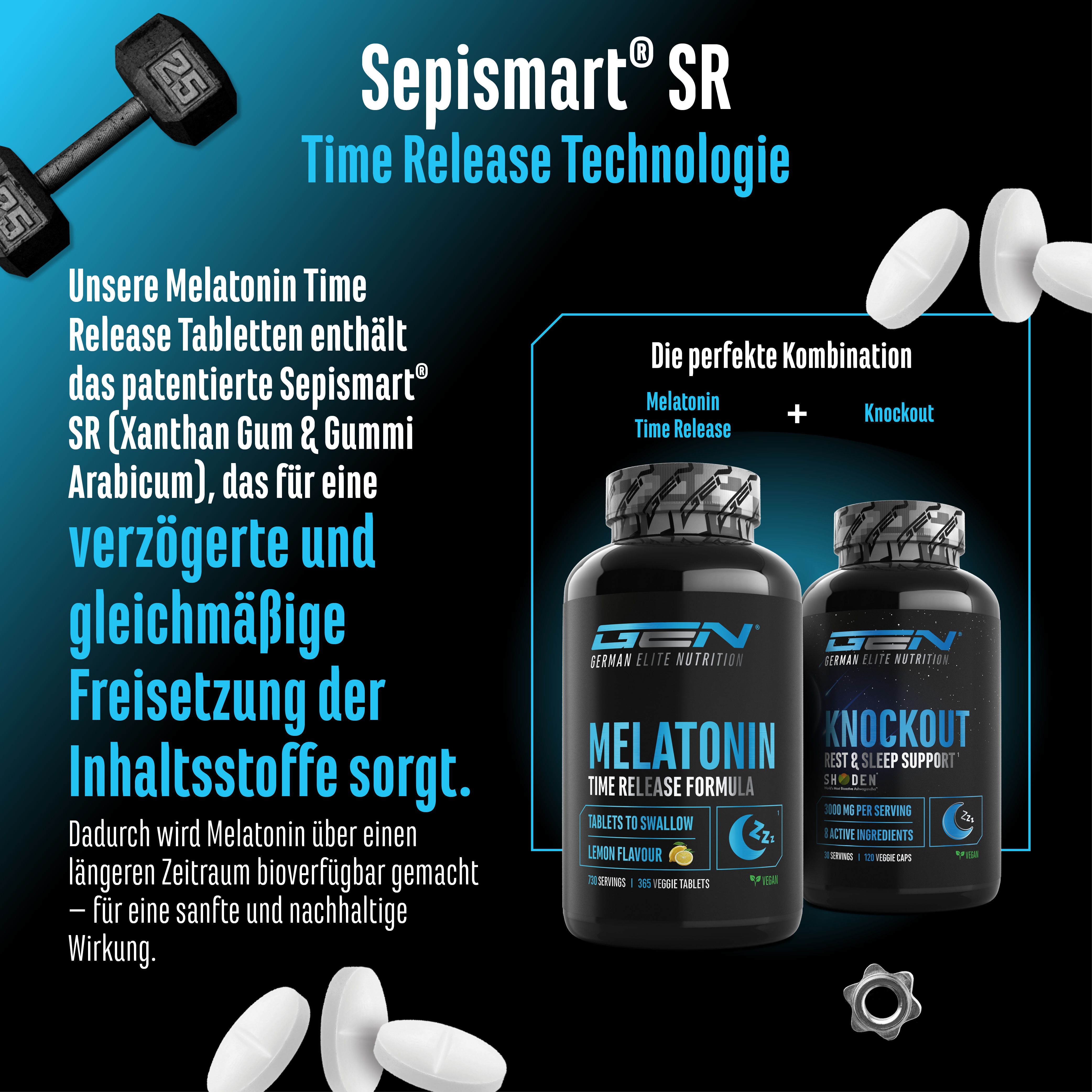 Zwei Flaschen Melatonin Time Release und Knockout. Enthält Sepismart SR, eine Technologie für verzögerte Freisetzung. Tabletten liegen daneben.