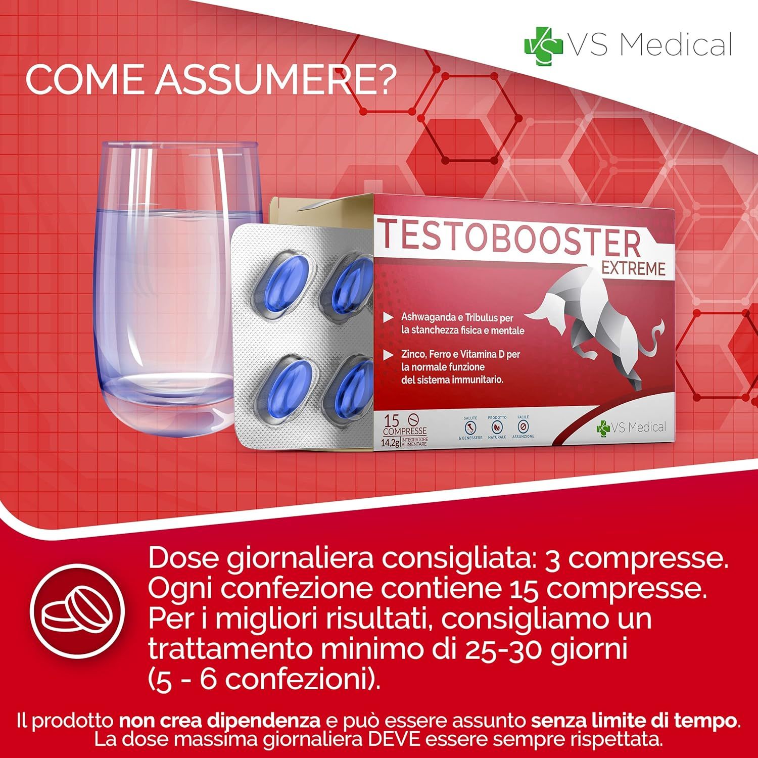 Produktverpackung und Tabletten neben Glas Wasser. Text: Testobooster Extreme, 15 Tabletten. Dosierungsempfehlung.
