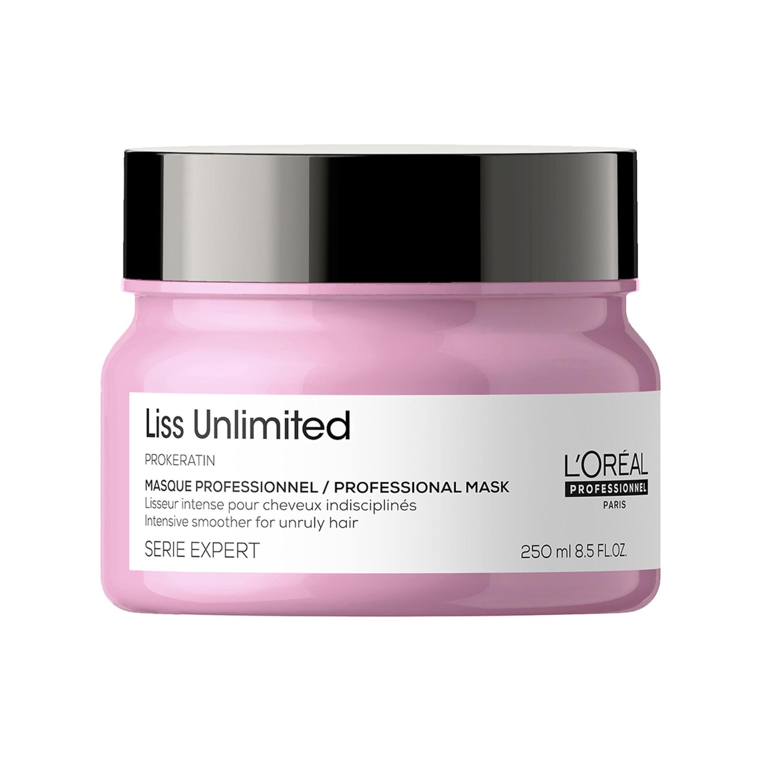 L'Oréal Liss Unlimited Maske in rosa Verpackung mit schwarzem Deckel.