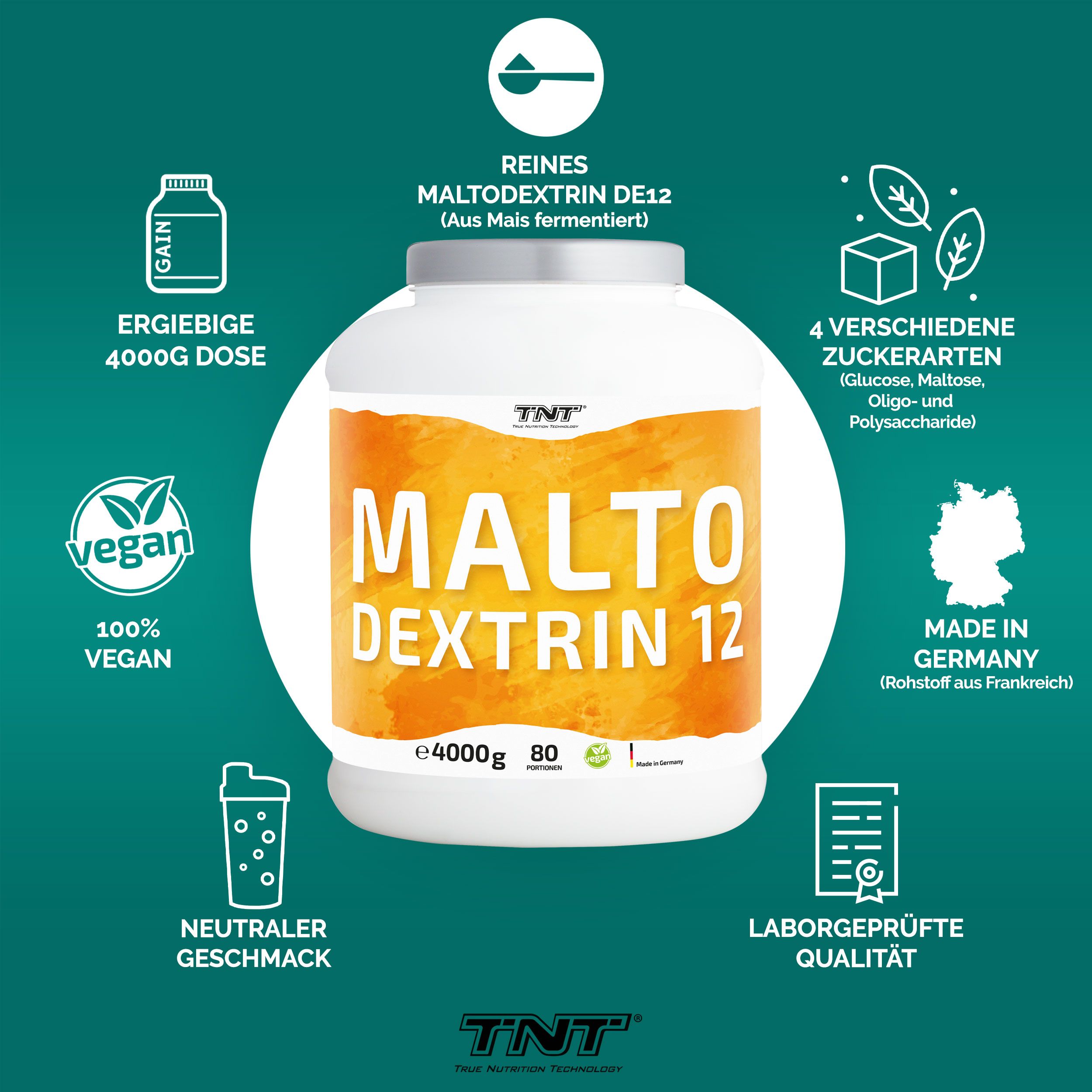 Produkt in Dose, umgeben von Icons. Text: MALTO DEXTRIN 12, 4000g, vegan, Made in Germany, Laborgeprüfte Qualität. Logo: TNT.