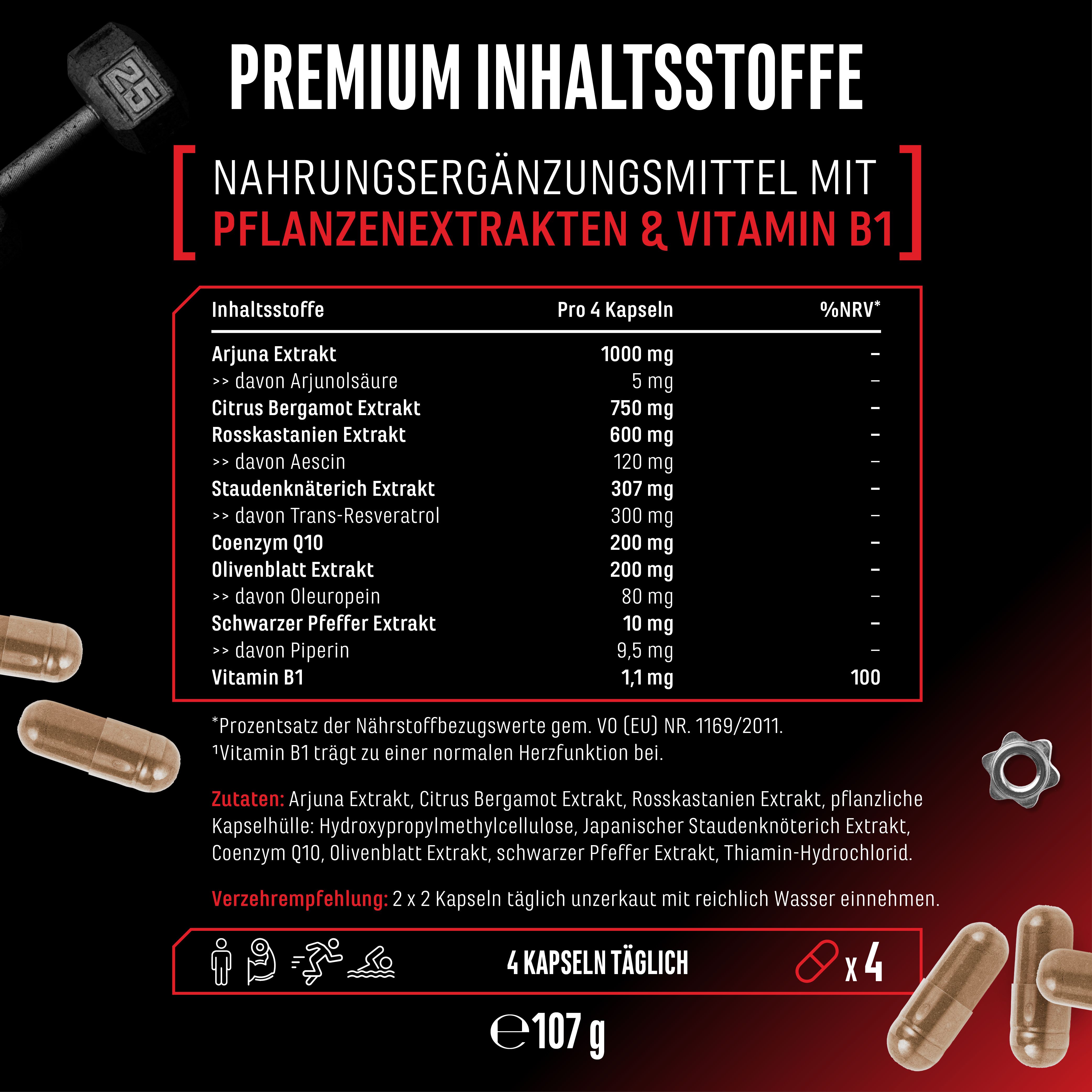 Nahrungsergänzungsmittel-Informationen. Enthält eine Tabelle mit Inhaltsstoffen, Dosierung und %NRV. Enthält auch Text zur Einnahme.