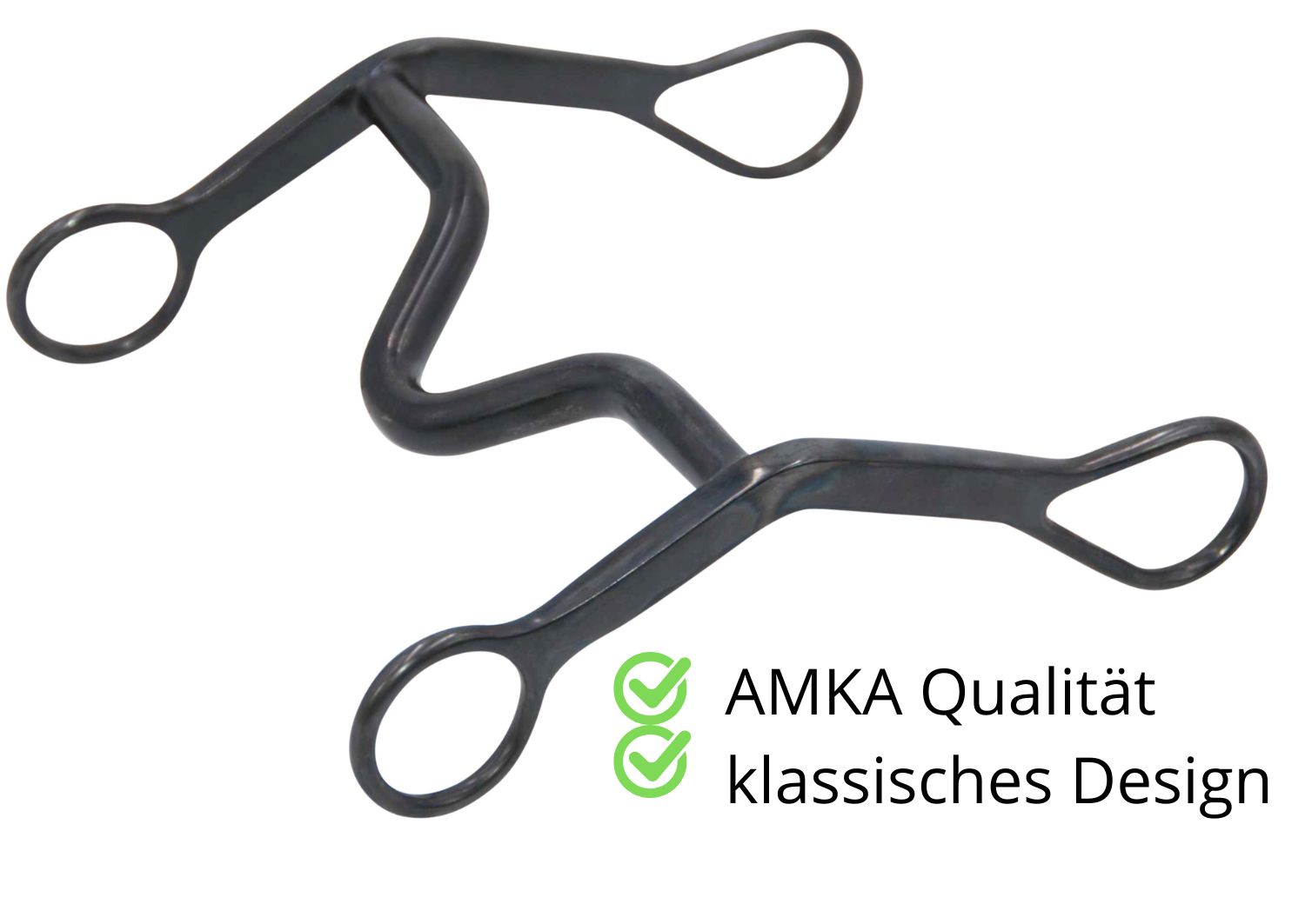 Schwarzes Metallgebiss mit geschwungener Form und ringförmigen Enden. Text: AMKA Qualität, klassisches Design.