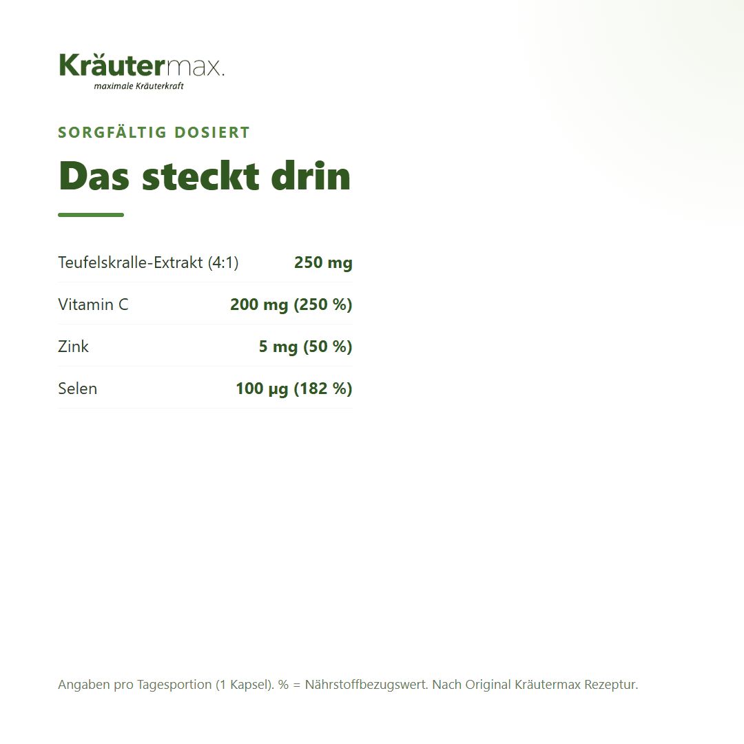 Übersicht der Inhaltsstoffe: Teufelskralle-Extrakt, Vitamin C, Zink und Selen mit Mengenangaben.