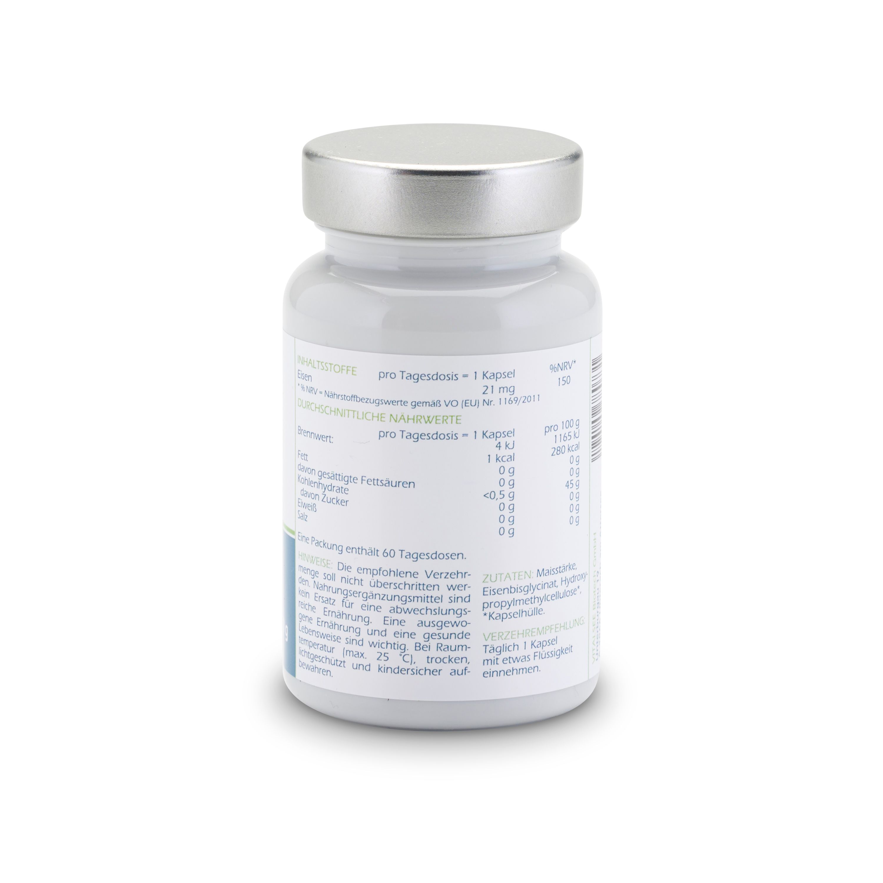 Rückseite der Flasche. Enthält Nährwertangaben und Zutaten. Text in deutscher Sprache. Silberner Deckel.