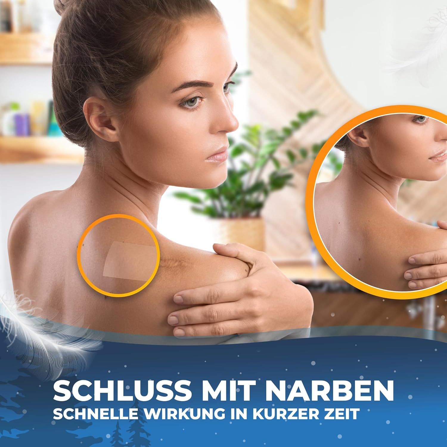 Frau mit Pflaster auf der Schulter. Text: Schluss mit Narben, schnelle Wirkung in kurzer Zeit. Pflaster in Kreis hervorgehoben.