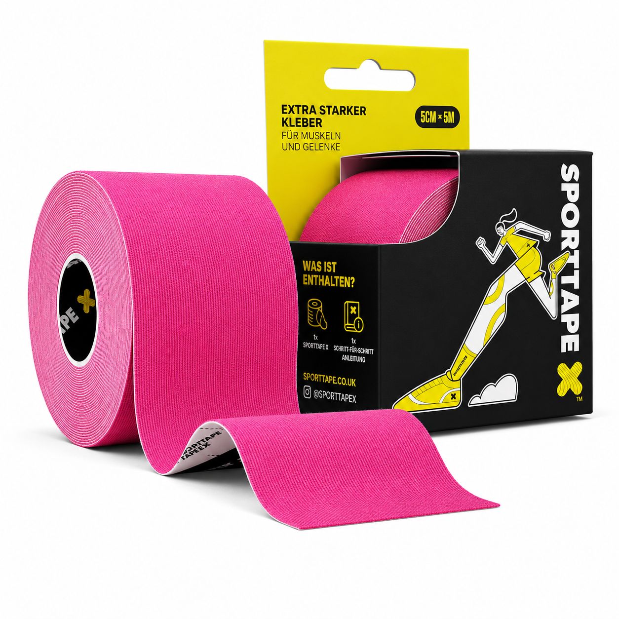 Rosa Kinesiologie-Tape auf einem Knie, das Wasser abperlen lässt. "Aderenza imbattibile".