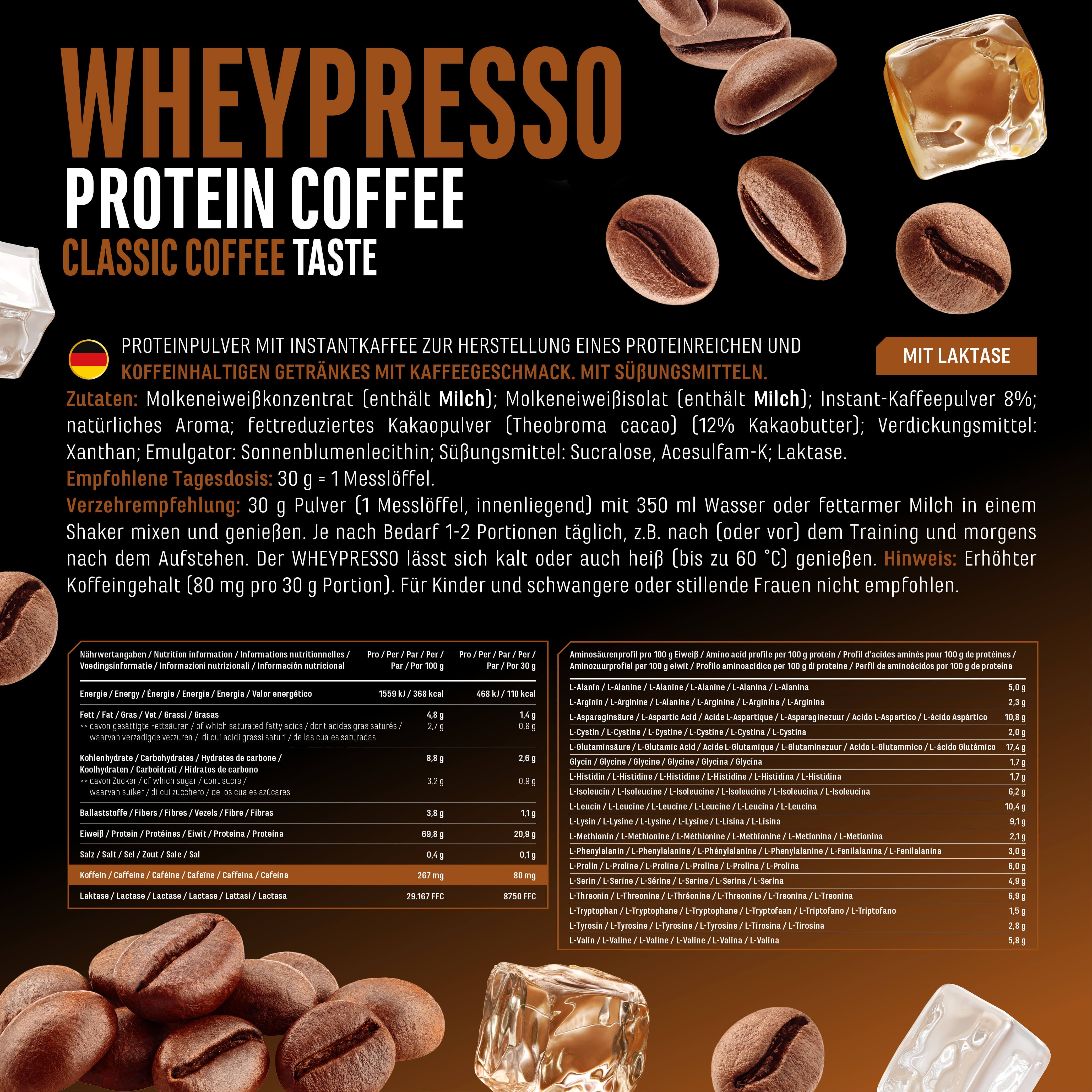 Produktinformationen zu GEN Wheypresso Protein Kaffee. Text: Zutaten, Nährwerte, Zubereitung. Kaffeebohnen und Eiswürfel als Dekoration.