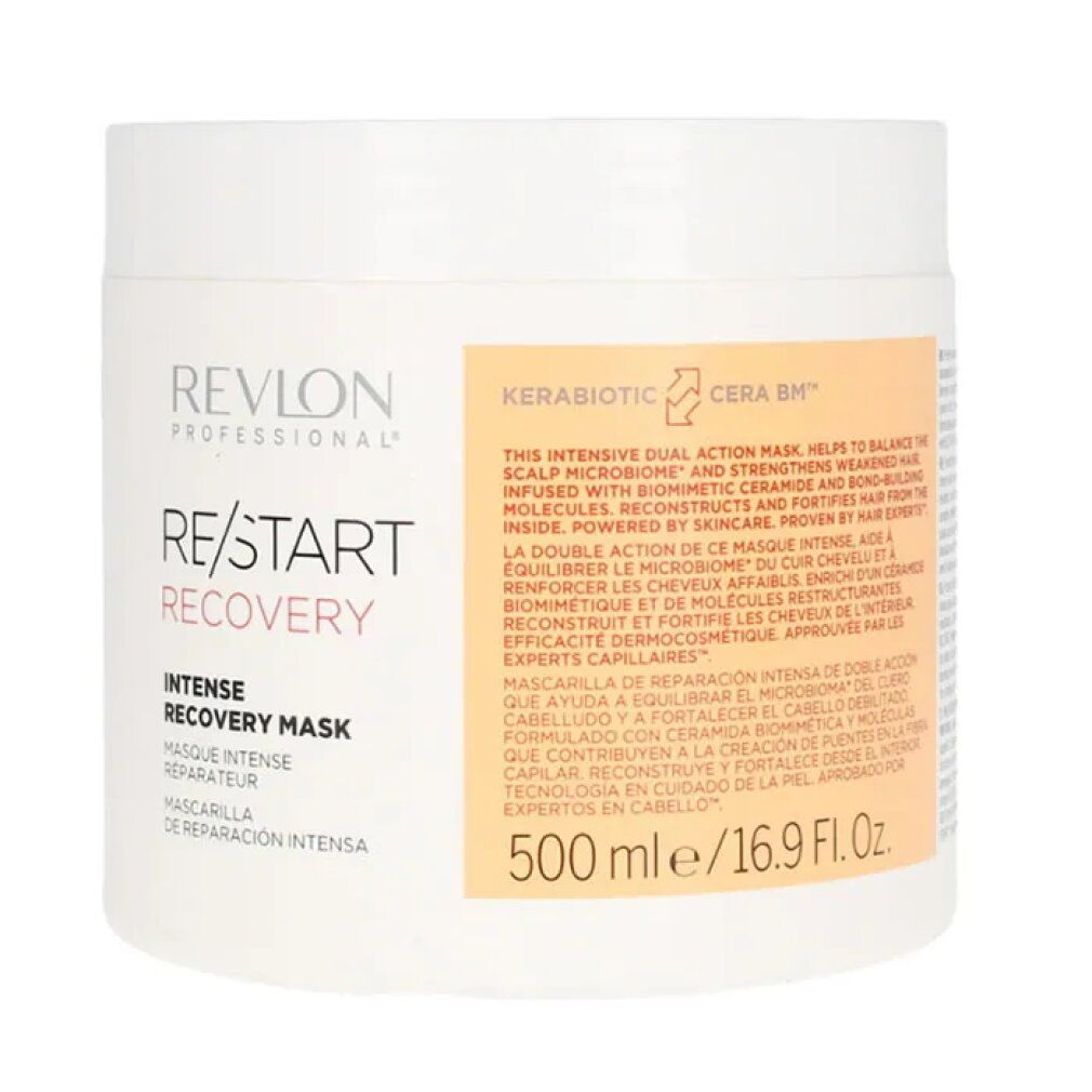 Weißer Tiegel mit Aufschrift RE/START RECOVERY. Text: Intense Recovery Mask. 500 ml.