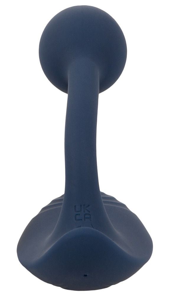 Dunkelblauer Vibrator mit Kugel und breiter Basis. Silikonmaterial. Geriffelte Oberfläche an der Basis.