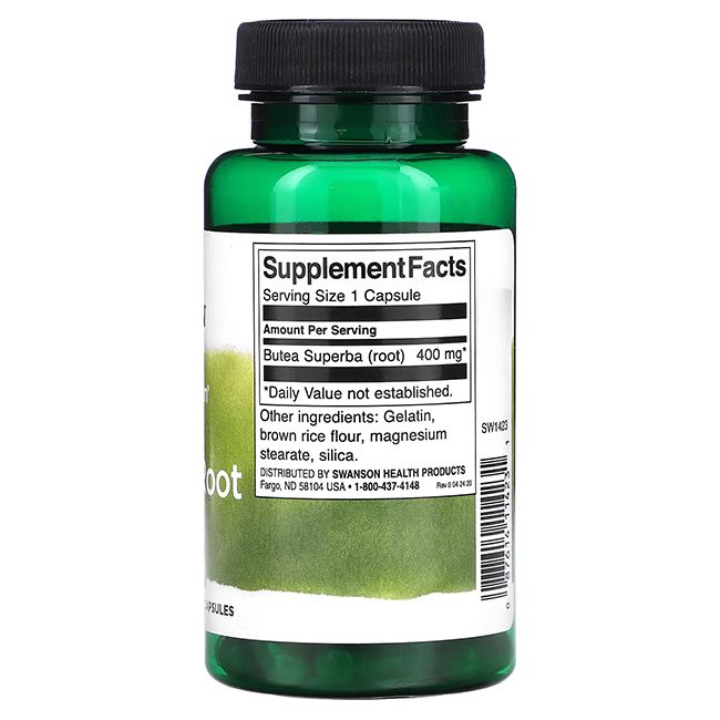 Rückseite einer grünen Flasche. Aufschrift: Supplement Facts, Butea Superba (root) 400 mg, 1 Kapsel.