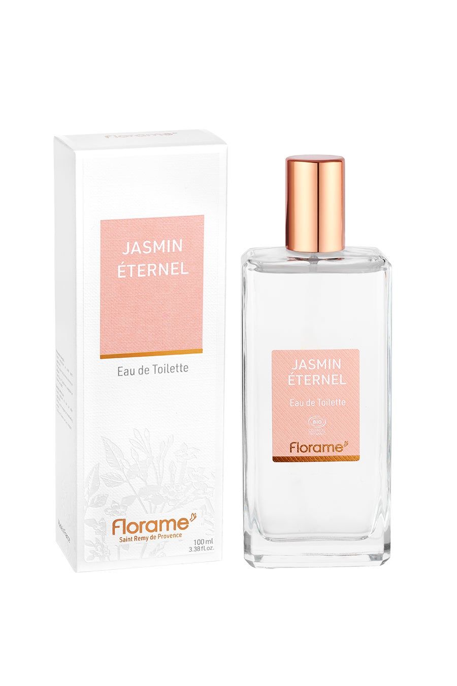 Eine rechteckige Glasflasche und eine Schachtel. Auf beiden steht "Jasmin Éternel Eau de Toilette" und "Florame".