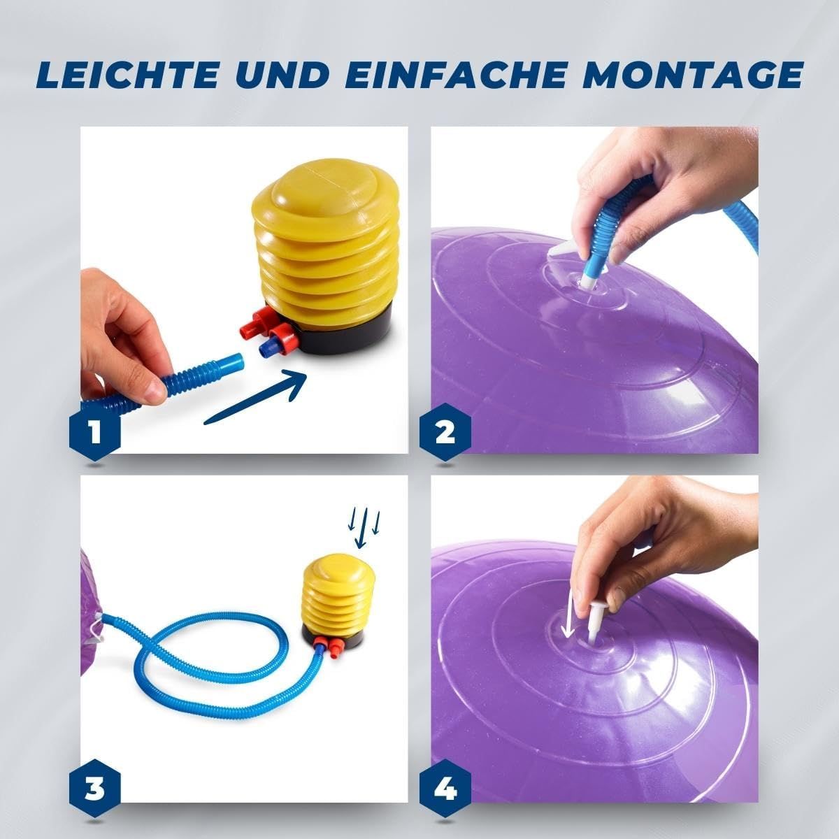 Anleitung zum Aufpumpen eines lila Gymnastikballs mit Handpumpe.