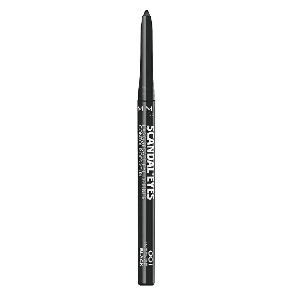 Schwarzer Rimmel London Scandaleyes Automatic Eyeliner. Schwarzer Stift mit schwarzer Mine. Produktname und Farbton aufgedruckt.